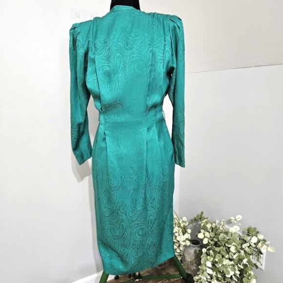Vintage Adrianna Papell Silk Green Tonal Paisley Print Button Front Midi Dress - Picture 3 of 10